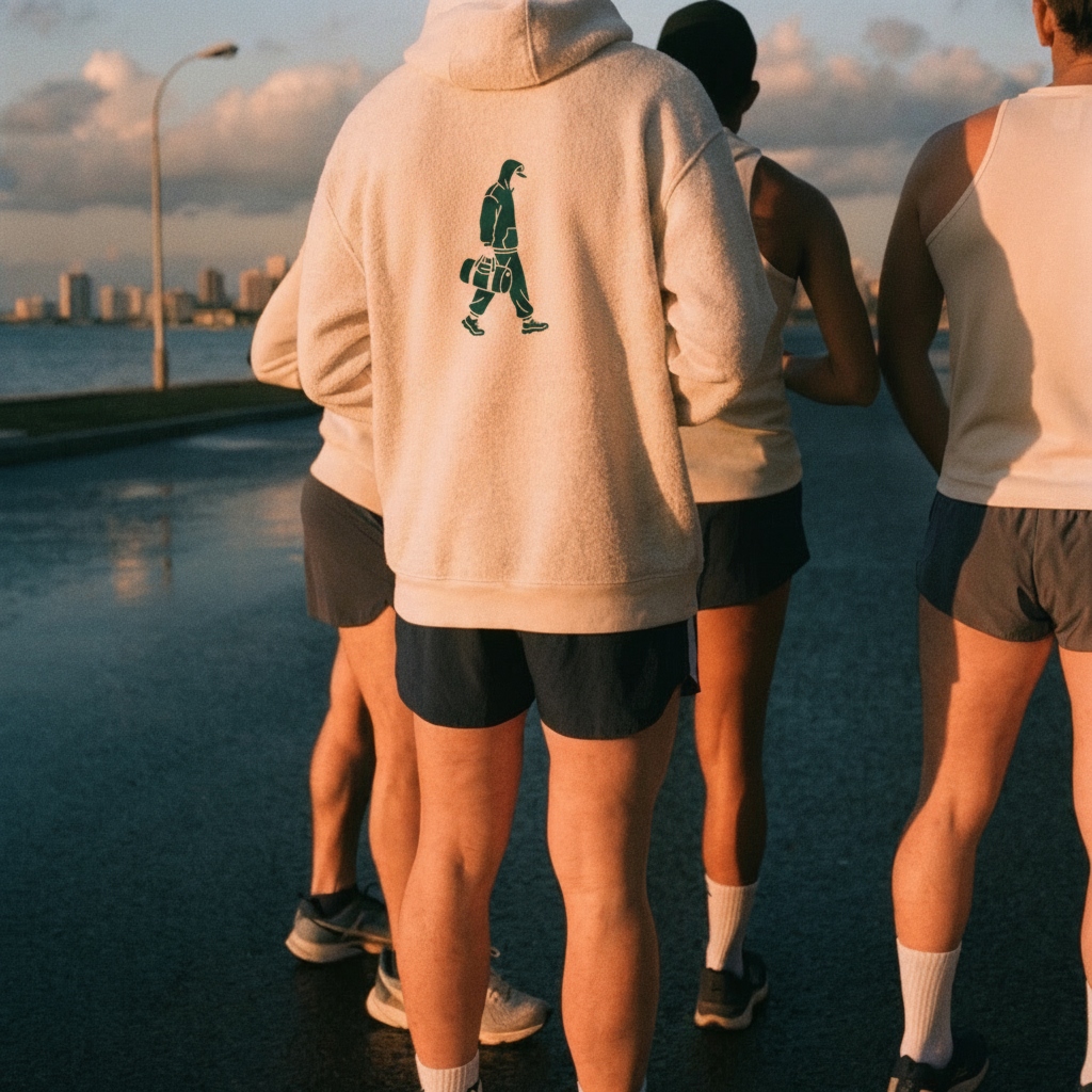 A small group of runners gathered on a coastal corniche at golden hour, the central figure wearing a cream hoodie with the delta mascot screen-printed on the back.