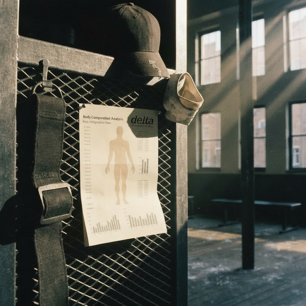 An InBody body composition printout pinned to a steel locker in a sunlit gym, with a worn cap and weighted belt — a quiet moment between training sessions.